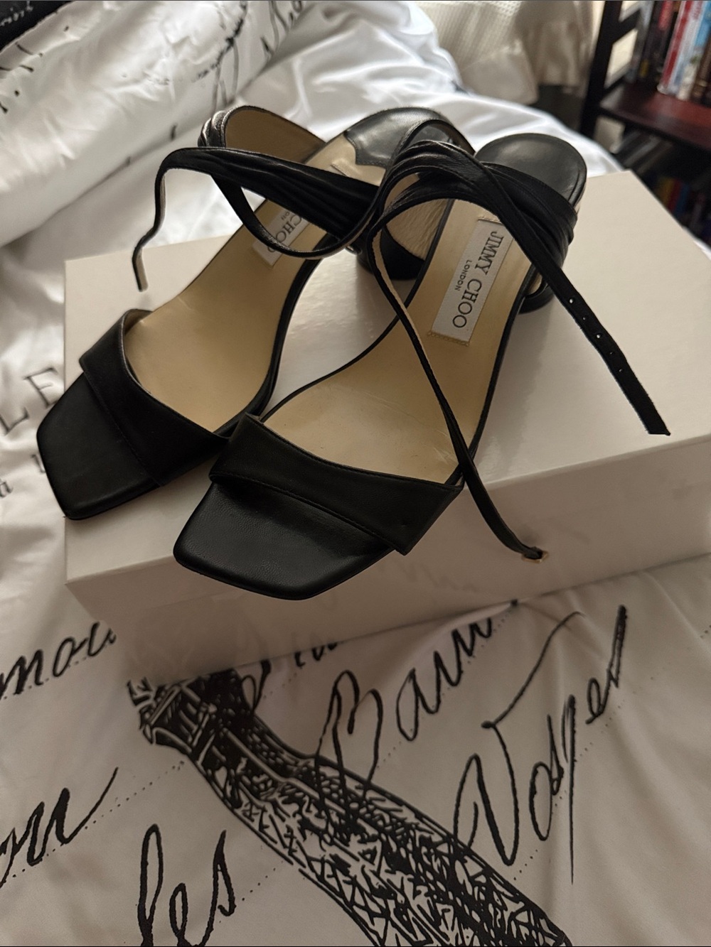 Jimmy Choo Black Leather Square-Toe Ankle-Tie Heels